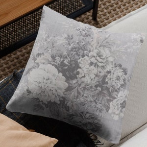 Linen Pillow Cover | Waverly Ballad Bouquet Printed Linen Blend Drapery Fabric in Platinum - Floral Pillow Cover - French Country