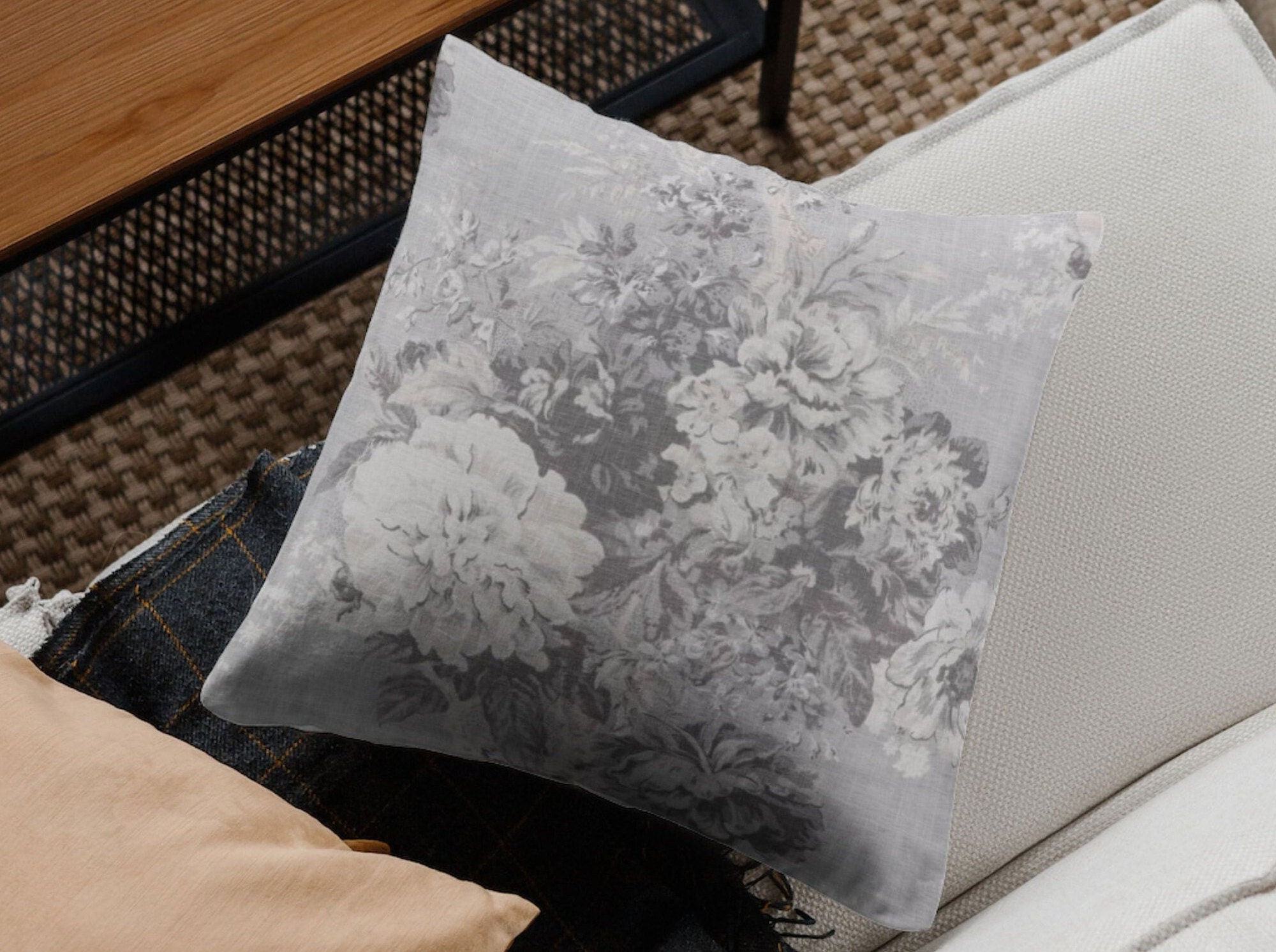 Linen Pillow Cover | Waverly Ballad Bouquet Printed Linen Blend Drapery Fabric in Platinum - Floral Pillow Cover - French Country
