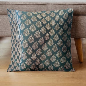 Pillow Cover | Indian Brocade Silk - Dark Green with Golden Pattern - Home Decor Pillow - Decorative Pillow