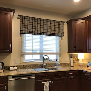Faux Roman Shades | Custom Curtains - Fake Roman Shades - Decorative Valance - Harriet Check Espresso - Check Pattern Window Treatment