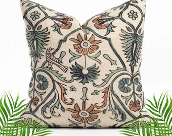 Earthy Floral Vine Pillow Cover | Floral Bird High Performance Fabric Throw Pillow - Double Sided