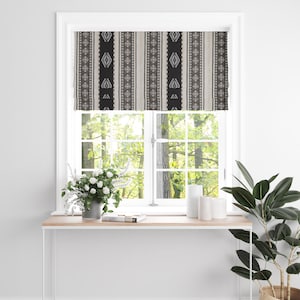 Faux Roman Shades | Black/White Stripes Kilim Bohemian Tapestry Tribal Southwestern Turkish Navajo Moroccan Aztec Fabric - Fake Roman Shades