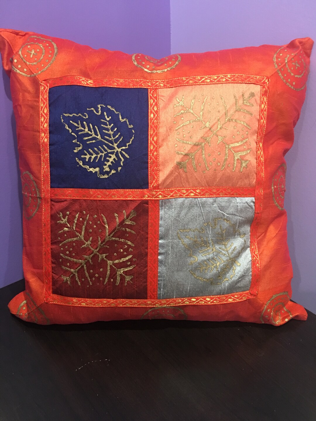 PILLOW COVER Indian Silk With Lace and Golden Block Etsy
