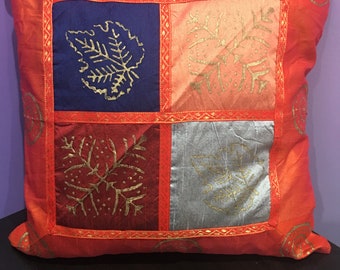 PILLOW COVER - Indian silk with lace and golden block printing- Patchwork Pillows - Orange Pillows - Lace Pillows