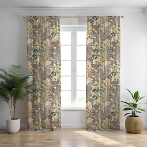 2 Curtain Panels | Covington Venus Cindersmoke - Window Treatment - Floral Curtains - Small Window to 2 Story Drapes