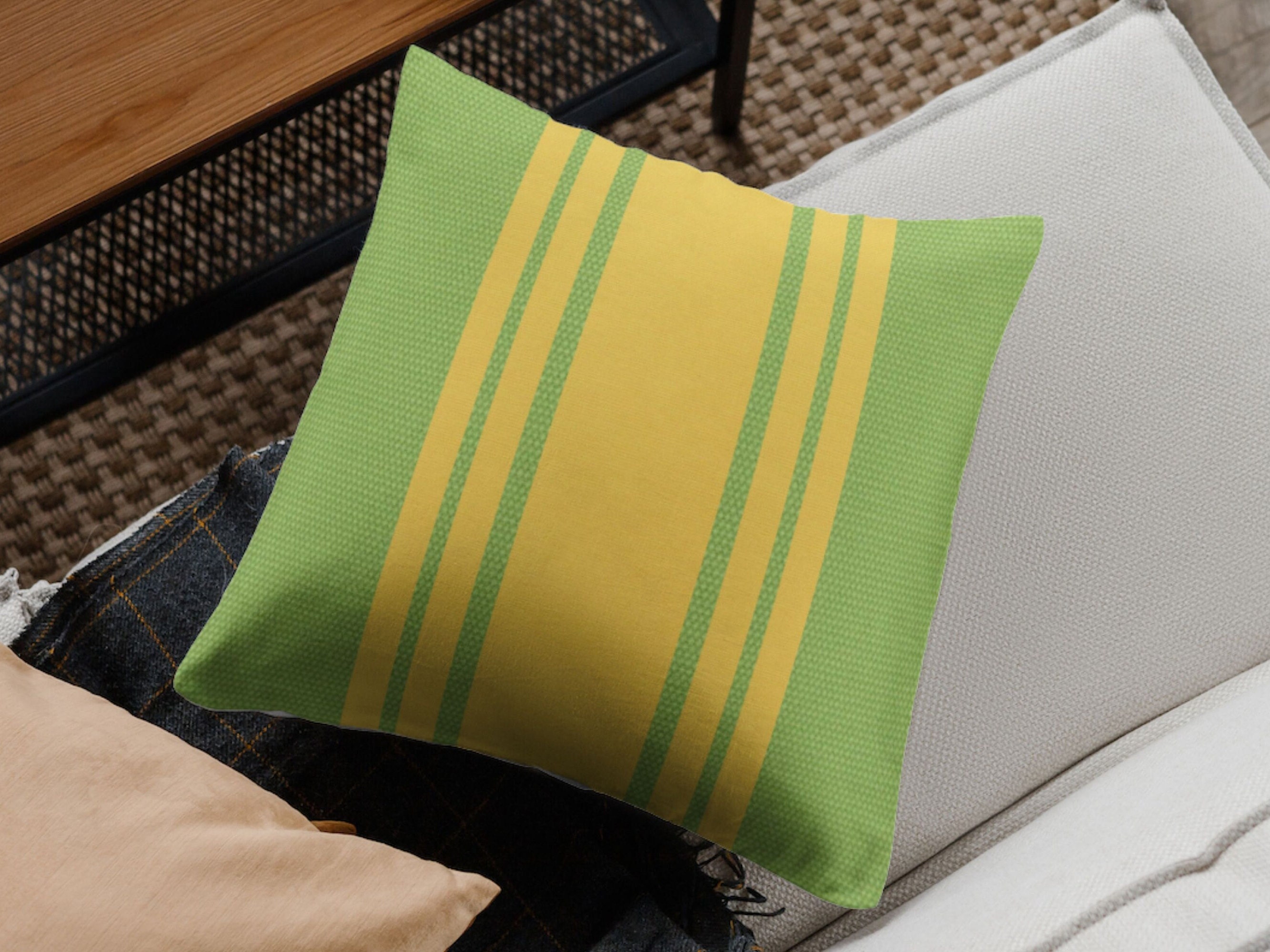 Custom Sunbrella Outdoor Pillow: Green Yellow Striped Throw