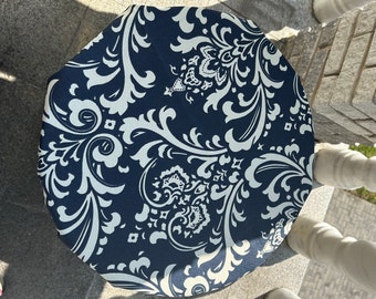 Ultimate Fashionable Outdoor Drawstring Fitted Round Table Cover up to 84 Inches Blue White Damask