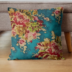 Floral Pillow Cover: Teal, Mustard, Fuchsia Basketweave Fabric