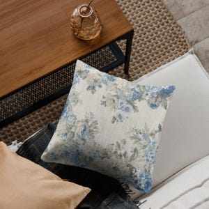 Floral Pillow Cover | Blue and Grey Antique Floral Decorative Pillow Cover - Waverly Juliet/Derby Printed Cotton Drapery Fabric in Bluebell