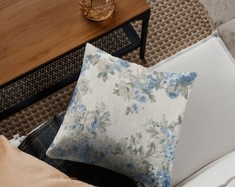 Floral Pillow Cover | Blue and Grey Antique Floral Decorative Pillow Cover - Waverly Juliet/Derby Printed Cotton Drapery Fabric in Bluebell