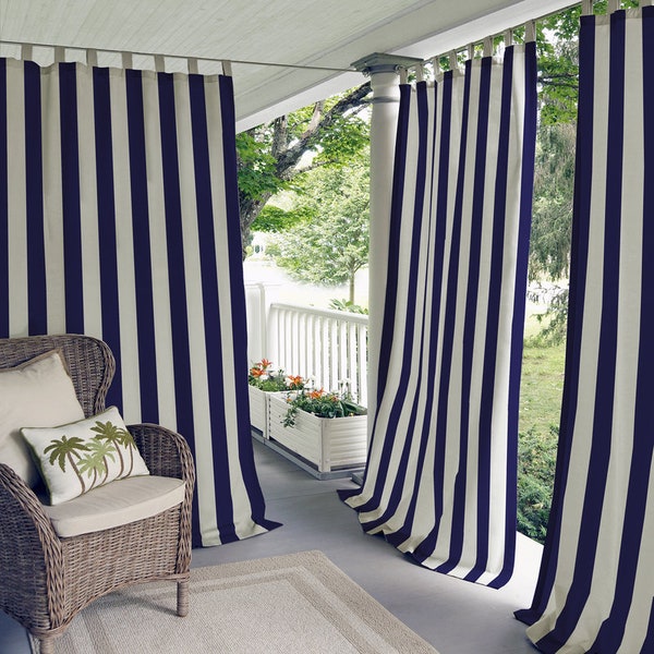 Outdoor Curtain Panels | Richloom Solarium Classic Stripe Navy - Custom Made - Outdoor Cabanas Curtains - Pergola Curtains