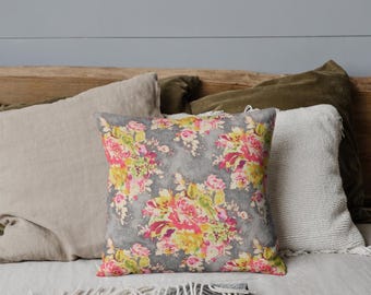 Floral Pillow Cover | Covington Venus Cotton Linen Fabric in Charcoal - Home Decor - Throw Pillow Cover - Decorative Pillow Cover