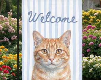 Orange getigerte Katze Gartenfahne | Aquarell | Katzenmama Muttertag Willkommen Banner