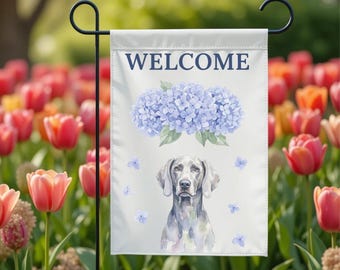 Weimaraner Gartenfahne | Aquarell Hortensie Weim Portrait | Hunde Mama Muttertag Willkommen Banner