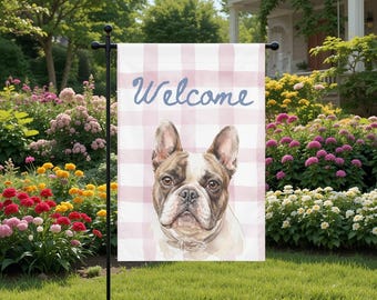 ""Garten-Flagge mit rosa karierter Bulldogge, Haustier-Garten-Flagge"