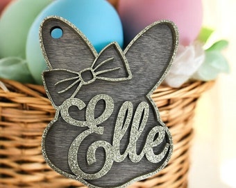 Easter Basket Tag, Boy or Girl Easter Basket Tags, Personalized Name for Easter Baskets, Custom Easter Decorations, Easter Bunny with Bow