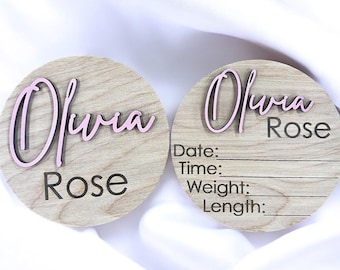 Baby Name Disc, Baby Name Cut out with birth stats, baby keepsakes, personalized baby photo props for hospital or name announcements
