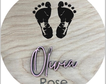 Baby Footprint Sign, Custom newborn hospital name prop, Photo prop for babies, personalized name disc with baby footprint, DIY footprint