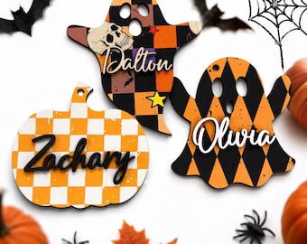 Custom Halloween Basket Tags, Wooden Name name Tag, Patterned Personalized Name