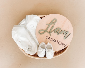 Personalized Newborn Name Disc - Hospital Announcement Sign, Wooden Baby Photo Prop, Custom Shower Gift Keepsake