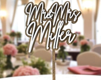Personalized Wedding Mr Mrs Cake Topper Custom Text Names Anniversary Birthday Couple Rustic Decor