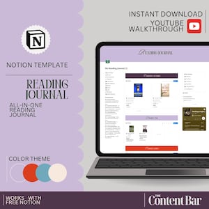 May include: A laptop displays a Notion template for a reading journal. The screen shows a digital journal interface with book covers and navigation options. The design includes a color theme with orange, blue, and cream circles. Text includes "Reading Journal" and "Instant Download".