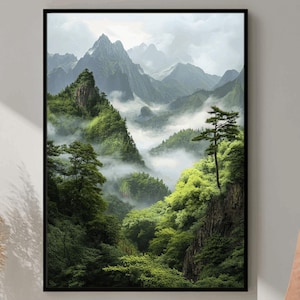 Wald Berge Digitaldruck, neblige Berglandschaft, große druckbare Wandkunst, grüne Waldlandschaft, Naturbild