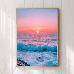 Pastel Sunset Ocean Beach Print Wall Art, Printable Wall Art, Tropical Coastal Prints, Boho Beach Poster, Pastel Beach Sea Print, Digital