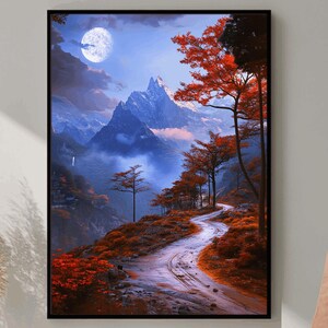 Wald Berge Digitaldruck, neblige Berglandschaft, große druckbare Wandkunst, grüne Waldlandschaft, Naturbild