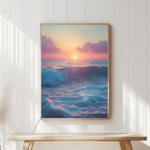Pastel Sunset Ocean Beach Print Wall Art, Printable Wall Art, Tropical Coastal Prints, Boho Beach Poster, Pastel Beach Sea Print, Digital