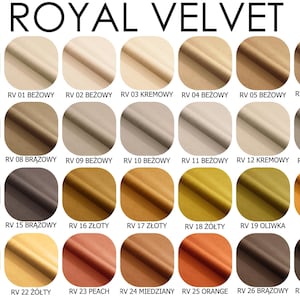 May include: A color chart of 27 fabric swatches in various shades of beige, brown, gold, and orange. The swatches are labeled with the text "RV" followed by a number and a color name in Polish.