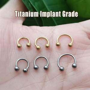 May include: Six horseshoe-shaped body jewelry pieces. Three are gold-colored, and three are silver-colored. Each piece has a curved bar with a ball on each end. The text "Titanium Implant Grade" is at the top.