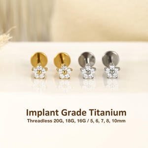 May include: Four flat-back stud earrings with flower-shaped tops featuring clear stones. Two are gold-toned and two are silver-toned. Text reads: Implant Grade Titanium, Threadless 20G, 18G, 16G / 5, 6, 7, 8, 10mm.