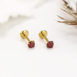 May include: Two gold-colored stud earrings with a small, round, red gemstone at the end of each post. The earrings are displayed on a white surface with a soft, blurred background and a few sprigs of dried grass.