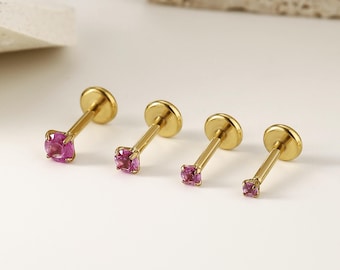 16G/18G/20G Titanium Hot Rose CZ Threadless Push Pin Labret, Conch, Helix, Tragus Earring, Tiny Nose stud, Flat Back stud