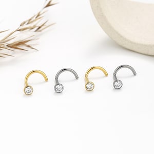 Titanium Tiny CZ Corkscrew Nose Stud, Clear Nose Screw, 18G 20G Nostril Piercing, Minimalist Nose Jewelry, Everyday Nose Jewelry