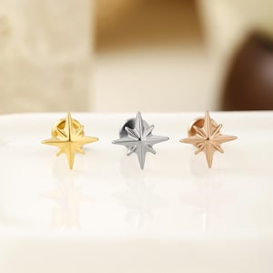 16G 18G 20G Titanium Starburst Threadless Push Pin Labret, Flat Back Earring, Conch Tragus Helix Cartilage Stud, Small Star Nose Stud