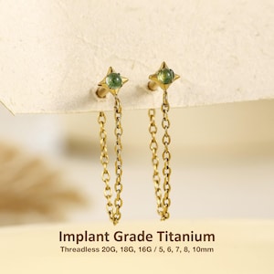 16G 18G 20G Titanium Moss Agate Star Chain Flat Back Earring, Threadless Labret Stud, Dangle Cartilage Helix Tragus Conch Piercing