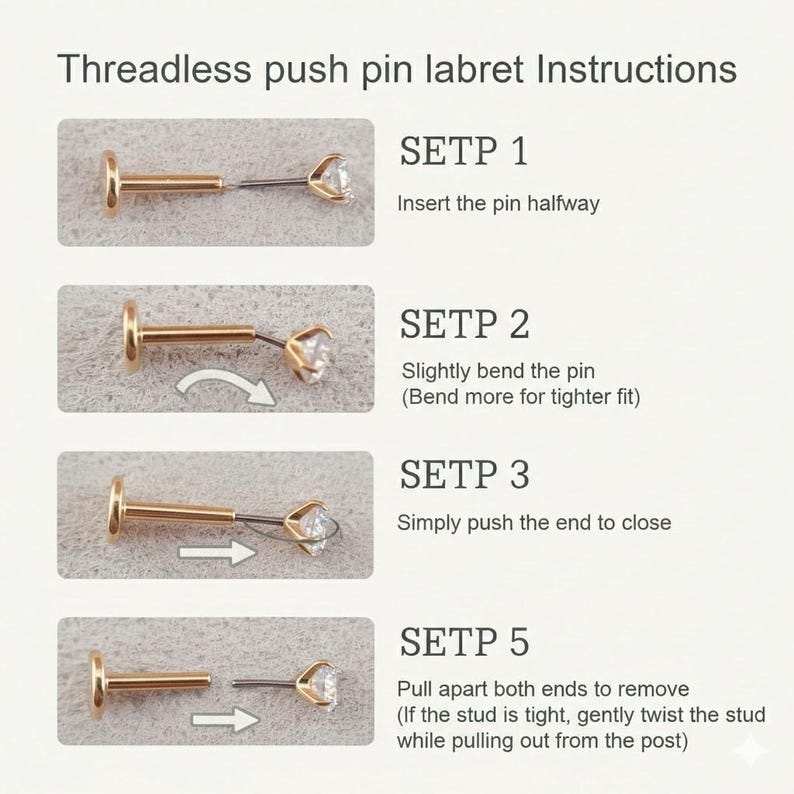 以下が含まれることがあります： スレッドレスプッシュピンラブレットの取扱説明図。ジュエリーの挿入、曲げ、押し込み、取り外しの手順を示しています。ラブレットはゴールドカラーで、透明な宝石が付いており、英語の説明があります。