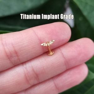 May include: A gold-colored bat-shaped piercing stud. The text "Titanium Implant Grade" is displayed above the stud. The bat has outstretched wings and is held between fingers.