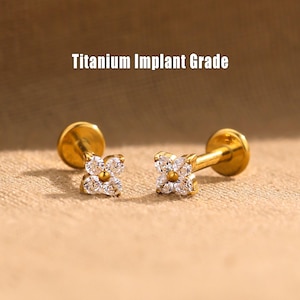Titanium Flower CZ Threadless Push Pin Stud: Conch, Helix, Tragus Earring