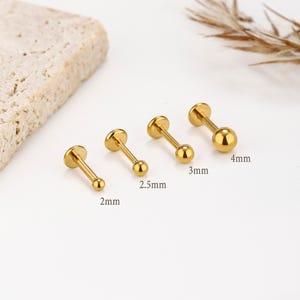 May include: Four gold-colored, labret-style earrings of varying sizes. The earrings have a flat disc on one end and a ball on the other, with sizes labeled as 2mm, 2.5mm, 3mm, and 4mm. The earrings are displayed on a neutral background.