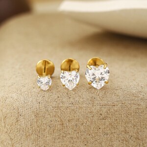 Titanium Heart Cz Threadless Push Pin Labret, Cartilage, Conch, Helix, Tragus Stud Earring, Flat Back Stud, Nose Stud 16G/18G/20G