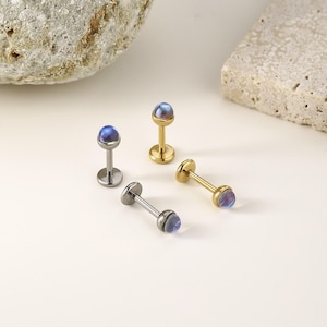 以下が含まれることがあります： 4つのジュエリー。銀色のものが2つ、金色のものが2つ。それぞれに小さく丸い青紫色の石が付いています。ジュエリーはボディピアス用に設計されており、裏面は平らでポストが付いています。白い表面に配置されています。
