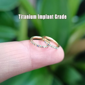 May include: Two gold-colored, small hoop earrings with iridescent gemstones. The text "Titanium Implant Grade" is displayed above the earrings. The earrings are shown on a finger against a blurred green background.