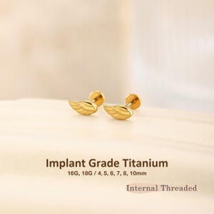 May include: A pair of gold-colored wing-shaped stud earrings made of implant grade titanium. The text on the image reads Implant Grade Titanium, 16G, 18G / 4, 5, 6, 7, 8, 10mm, and Internal Threaded. These earrings feature a textured wing design.