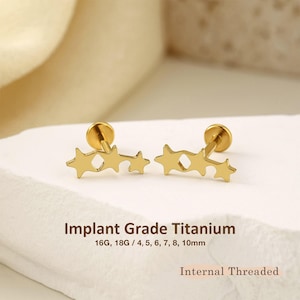 May include: Two gold-colored stud earrings featuring a star-shaped design with internal threading. The text on the image reads Implant Grade Titanium, 16G, 18G / 4, 5, 6, 7, 8, 10mm, and Internal Threaded. These earrings have a flat back post.