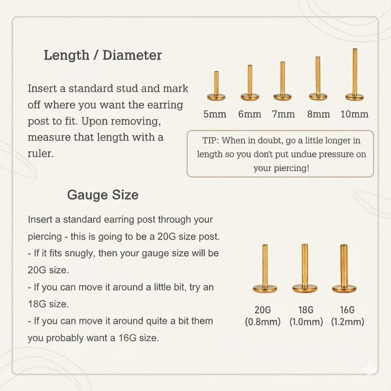 以下が含まれることがあります： ピアススタッドの長さとゲージサイズを示す図。画像には、5mmから10mmまでのさまざまな長さのピアススタッドと、20G、18G、16Gなどのゲージサイズのイラストが含まれており、対応するミリメートル単位の測定値が示されています。