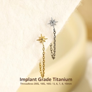 16G 18G 20G Titanium Starburst Chain Flat Back Earring, Threadless Labret Stud, Celestial Dangle Helix Tragus Conch Cartilage Piercing