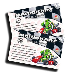 May include: A Mario Kart driving licence featuring a cartoon image of Koopa Troopa driving a kart. The licence has the text "MARIOKART DRIVING LICENCE" at the top and includes the driver's name, home circuit, vehicle speciality, registration number, power-up, trophy, and race class.